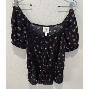 Self Esteem Y2K Top Size Small. Black / Floral Ditsy Print. Waist Elastic-Tie.